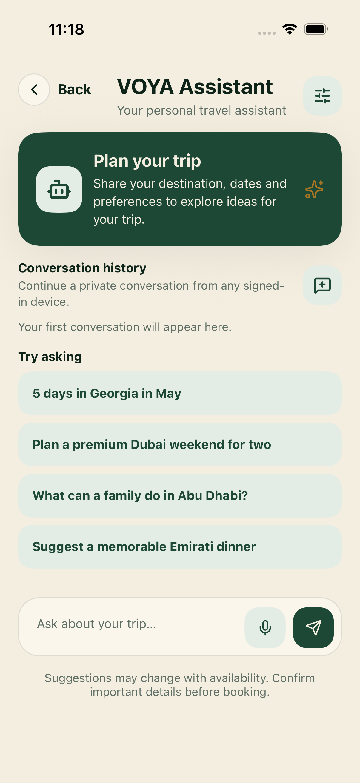 VOYA app screen: Ask voya