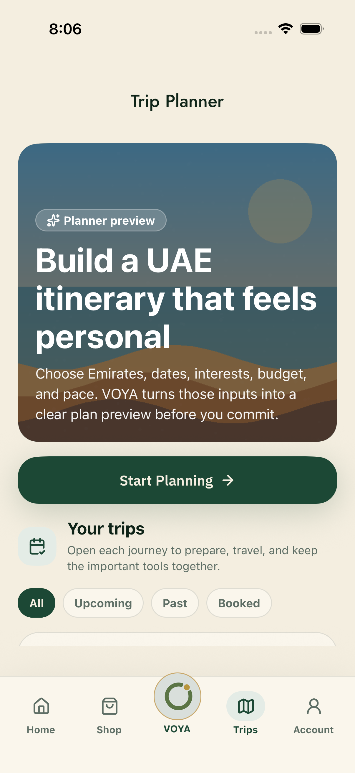 VOYA app screen: Trip planner